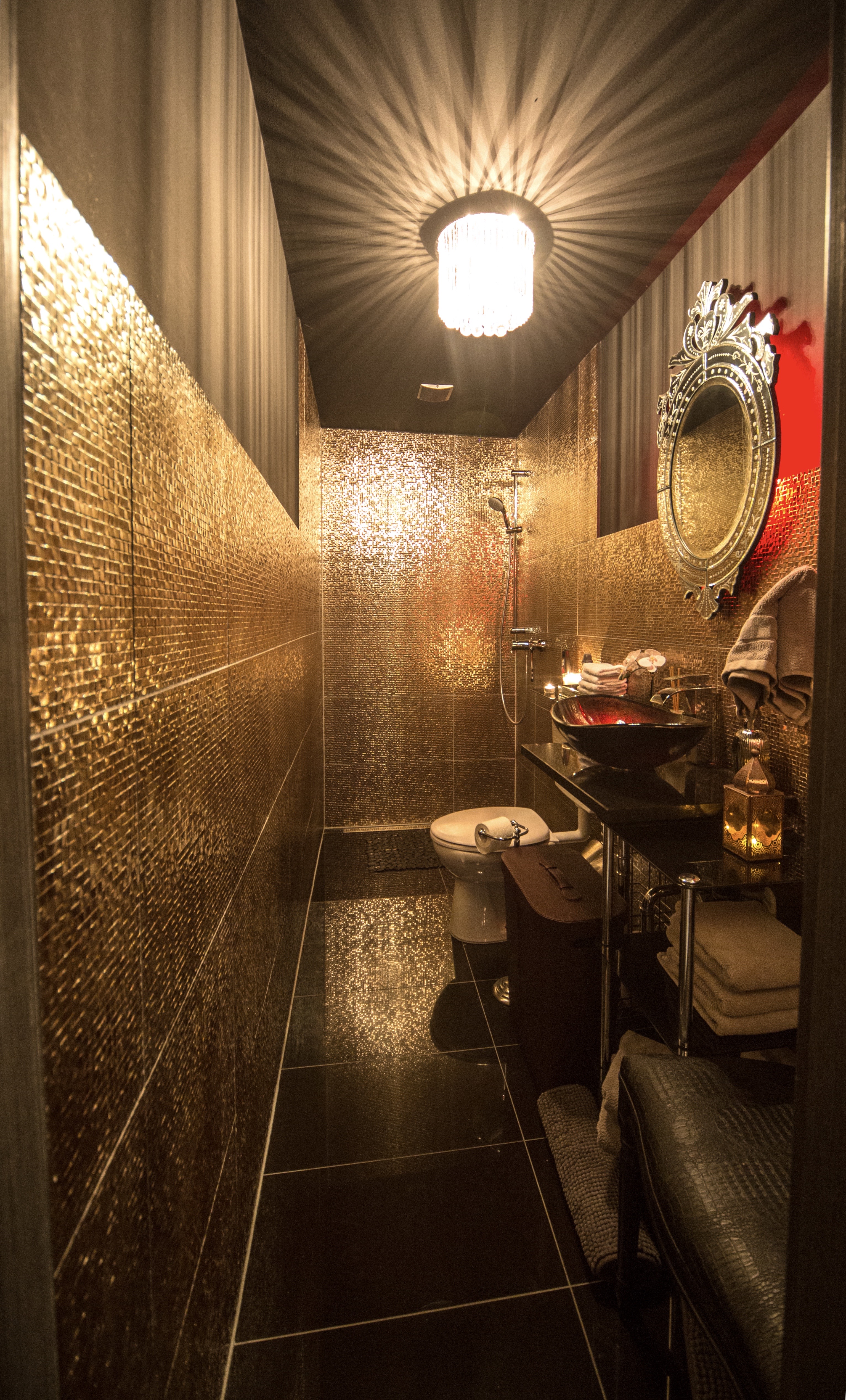 Wide studio interior with white sofa and dramatic atmosphere